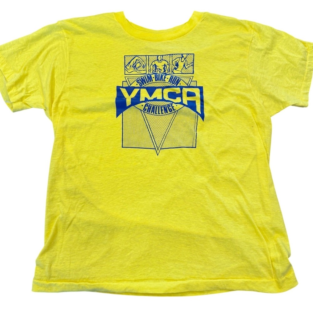Vintage YMCA Challenge Graphic T-Shirt Yellow Blue Swim Bike Run Small 0370